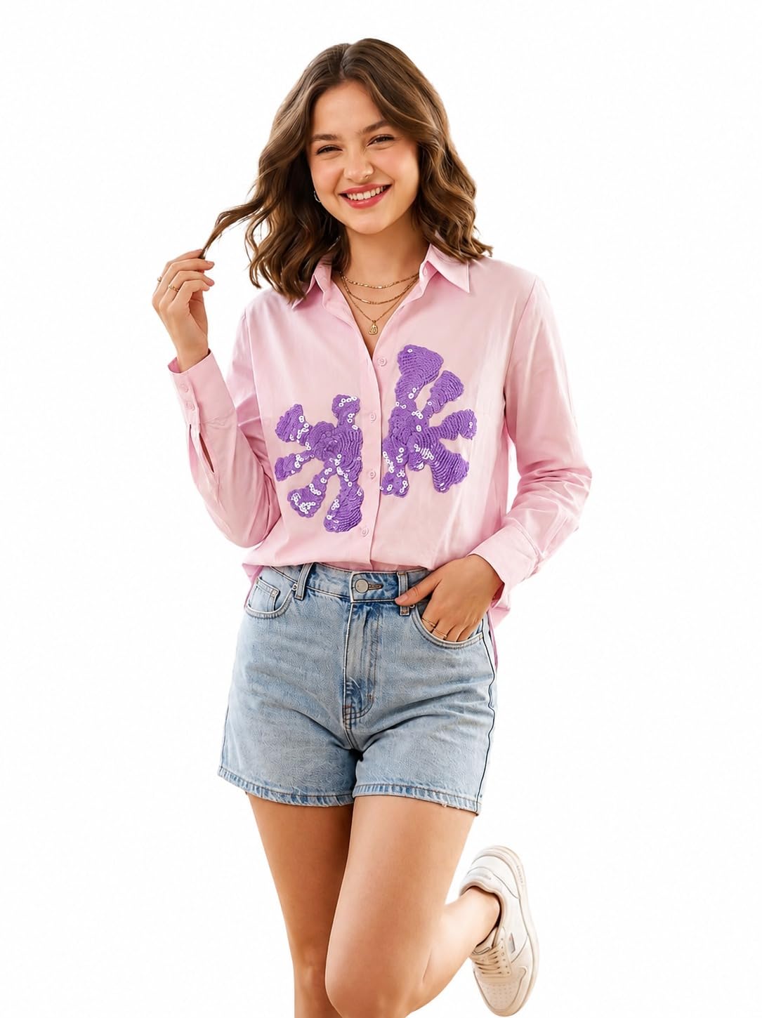 Women's Pink Cotton Silk Giza Shirt with Purple Sequin Detail