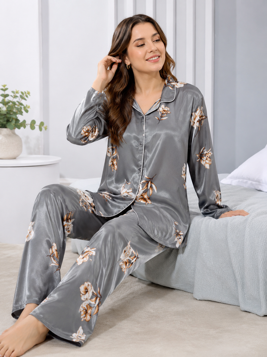 Satin Bliss Night Suit – Grey